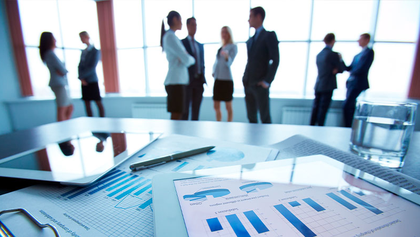 Reuni&oacute;n de negocios con gr&aacute;ficos financieros en primer plano y personas hablando al fondo