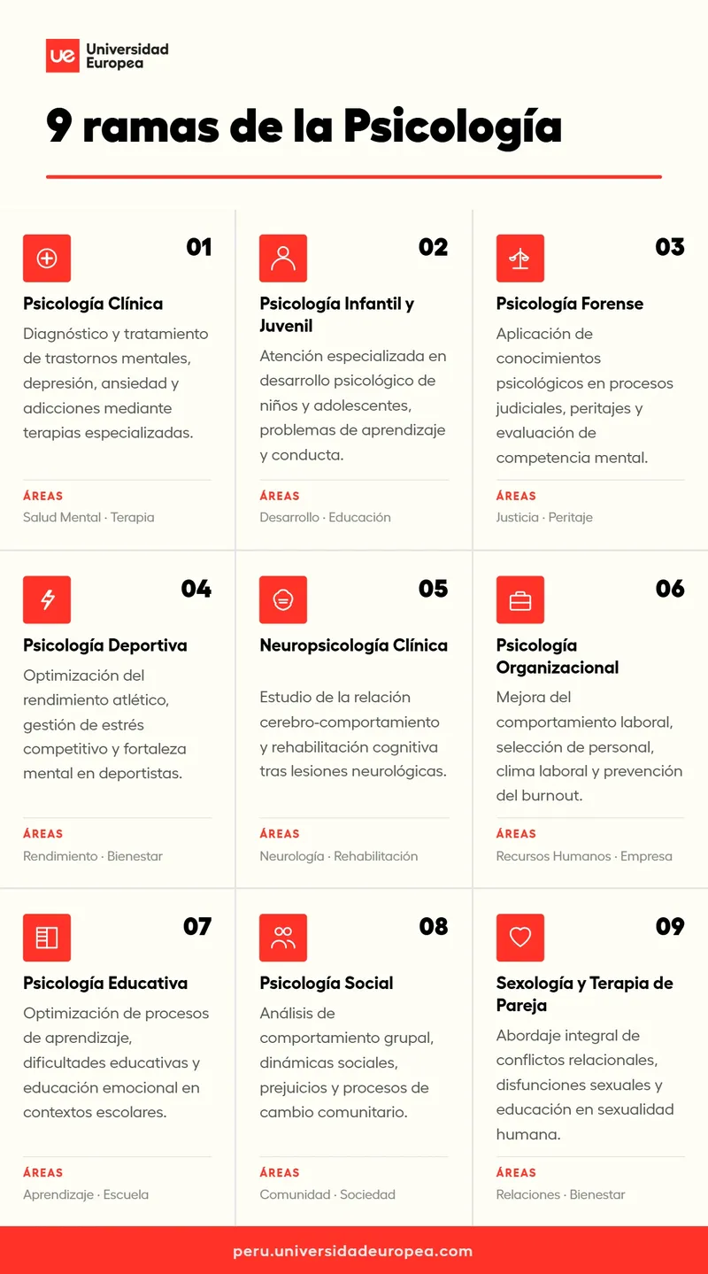 9 ramas de la psicología - Infografía Universidad Europea Perú