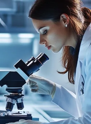Científica mirando por microscopio