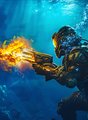 Diseño tridimensional de un buzo en el océano, utilizando tonos azul y naranja, en donde se combinan las técnicas en desarrollo de software y programación con el diseño y creación de videojuegos