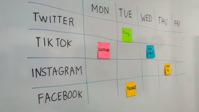 a whiteboard displays a weekly social media content calendar with colourful sticky notes organising posts for Twitter, TikTok, Instagram, and Facebook