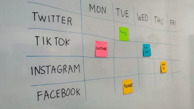 a whiteboard displays a weekly social media content calendar with colourful sticky notes organising posts for Twitter, TikTok, Instagram, and Facebook
