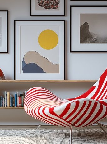 Área interior decorada con libros y cuadros
