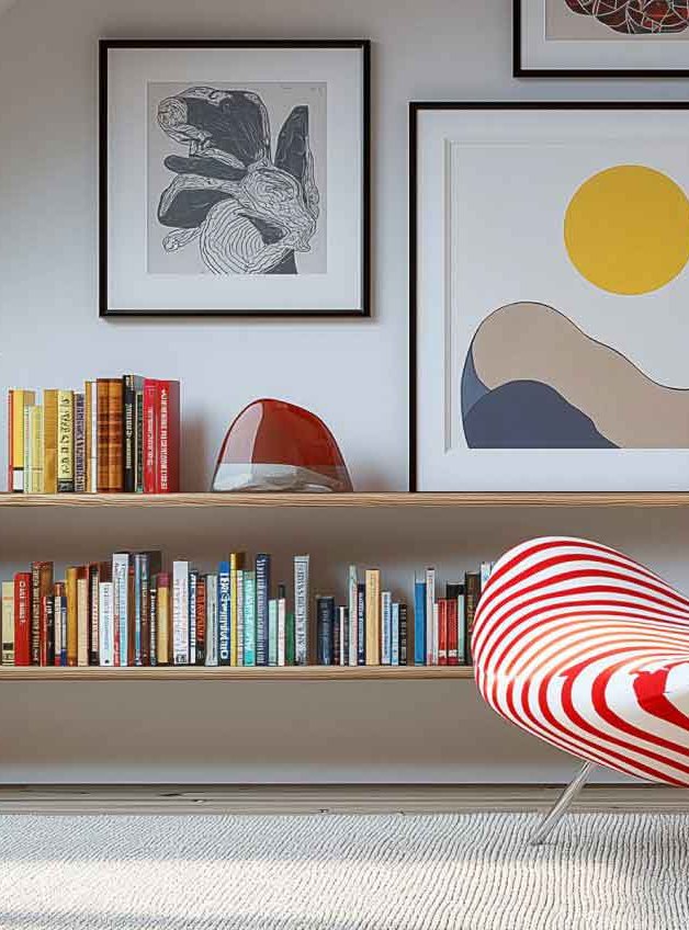 Área interior decorada con libros y cuadros