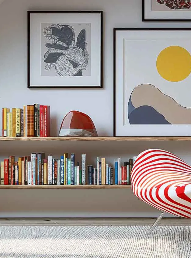 Área interior decorada con libros y cuadros