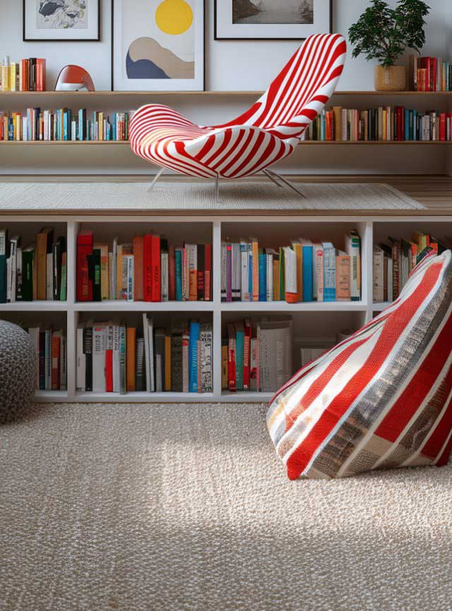 &Aacute;rea interior decorada con libros y cuadros