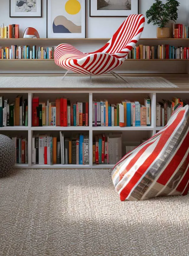 Área interior decorada con libros y cuadros