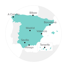 Mapa de España señalando las sedes en Acoruña, Bilbao, Barcelona, Madrid, Valencia, Sevilla, Málaga y Tenerife