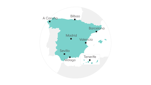 Mapa de España señalando las sedes en Acoruña, Bilbao, Barcelona, Madrid, Valencia, Sevilla, Málaga y Tenerife