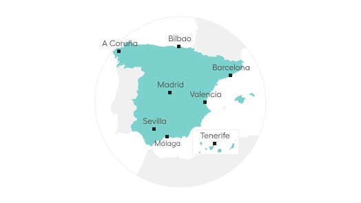Mapa de España señalando las sedes en Acoruña, Bilbao, Barcelona, Madrid, Valencia, Sevilla, Málaga y Tenerife