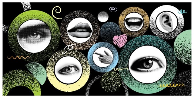 Recortes de ojos, bocas, manos, narices, para ejemplificar los 5 sentidos