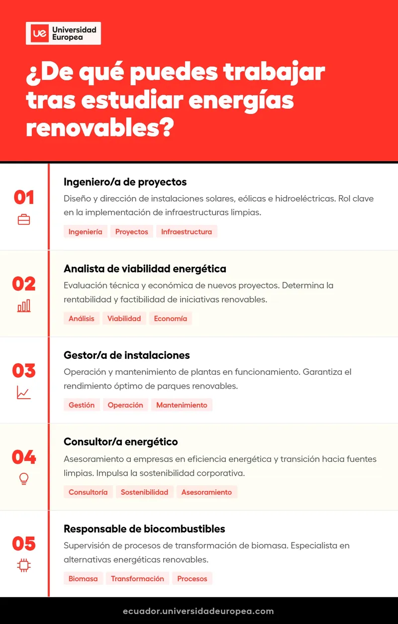Salidas profesionales tras estudiar energías renovables - Infografía UE Ecuador