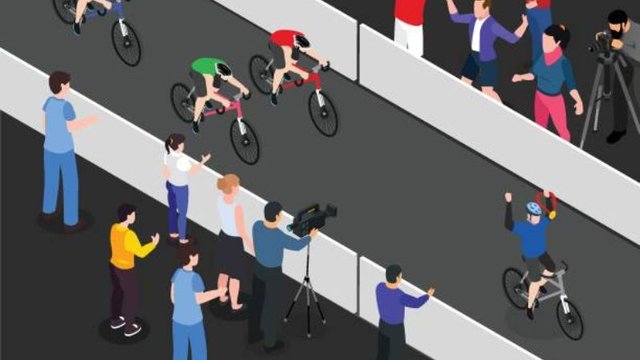 An illustration of a cycling race finish line, featuring a winning cyclist celebrating with raised arms while spectators cheer and videographers film from behind barriers.