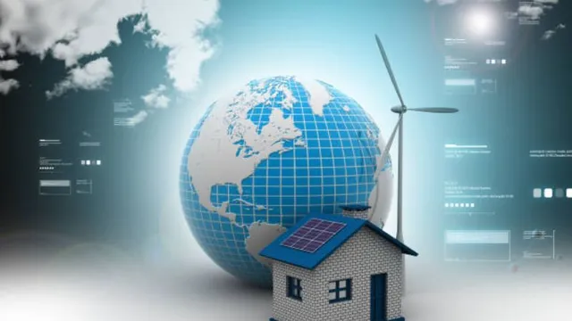 Image of a house with solar panels, a wind turbine and a globe behind it, signalling the importance of regenerative architecture.