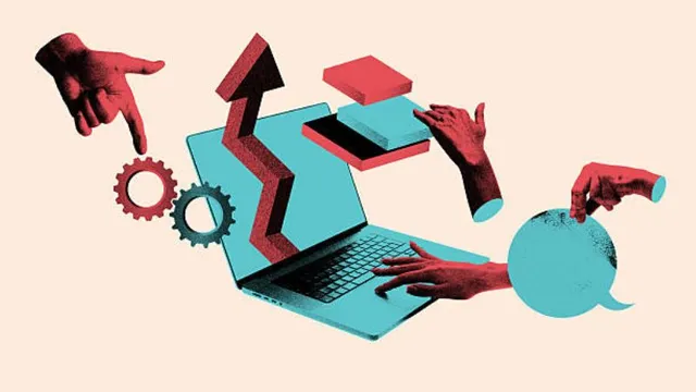 Digital collage artwork featuring a teal laptop surrounded by floating elements and textured red hands against a beige background. A textured red arrow rises from the laptop screen, a hand types on the keyboard.