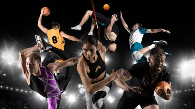 A dynamic collage of diverse athletes in action—including running, basketball, high jump, and figure skating—set against a dark, spotlight-lit stadium background.