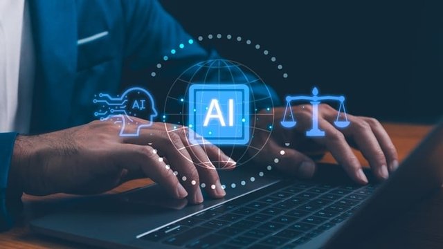 profesional trabaja en una computadora portátil mostrando símbolos de inteligencia artificial y justicia digital