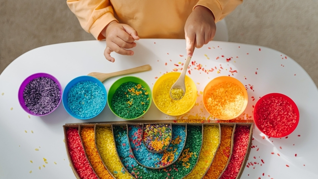 un niño juega con arroz de colores rellenando la figura de un arco iris