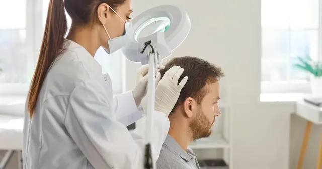 profesional diagnosticando alopecia areata en un paciente