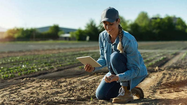 ambientóloga inspeccionando suelos agrícolas