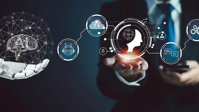 iconos de personas cerebro y datos saliendo de un ordenador