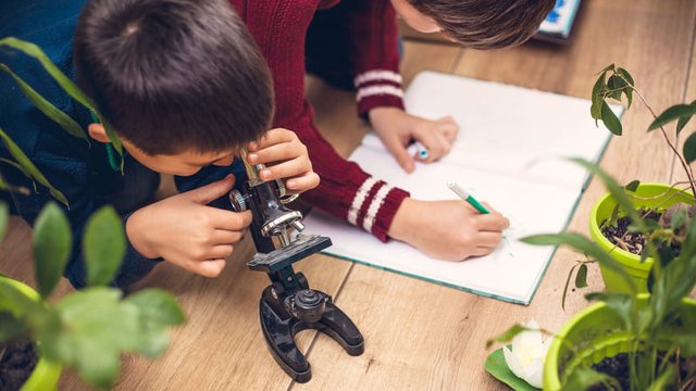 un estudiante usando un microscopio, mientras su compañero toma notas una hoja