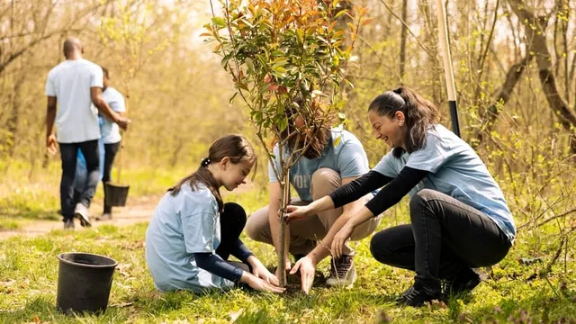 alumna y profesores plantando juntos un árbol
