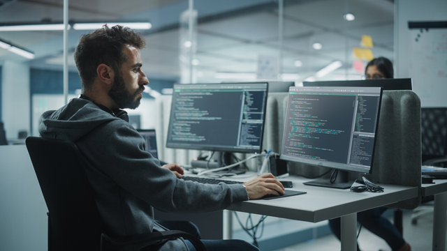 desarrollador de aplicaciones multiplataforma trabaja en una oficina con un ordenador y dos monitores