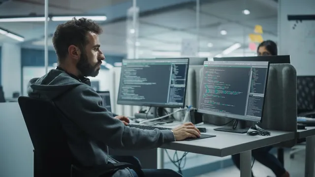desarrollador de aplicaciones multiplataforma trabaja en una oficina con un ordenador y dos monitores