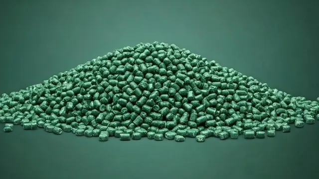 imagen de una montaña de bioplásticos sobre un fondo verde
