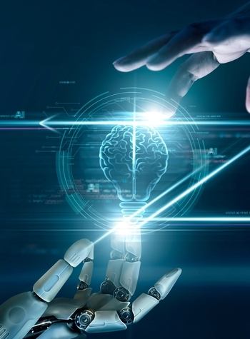 imagen digital de una mano rob&oacute;tica y una humana conectando
