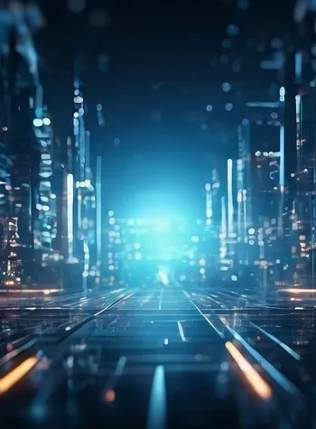 Vista nocturna de una ciudad tecnológicamente avanzada con rascacielos iluminados