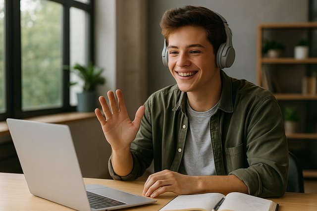 estudiante usando una aplicación de audio de un smartphone