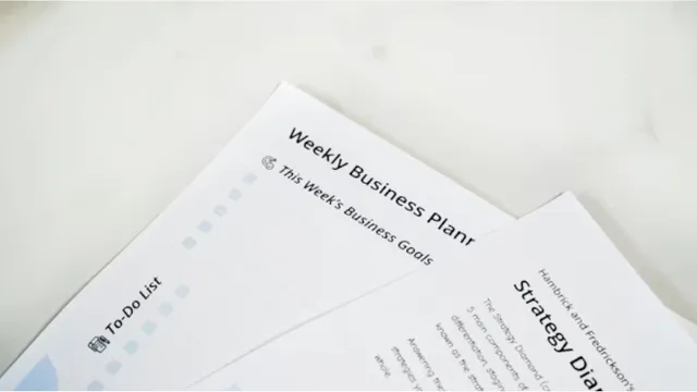 top-down view of printed business documents, including a "Weekly Business Planner" with a to-do list