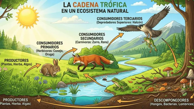 imagen creada con ia de una cadena trófica
