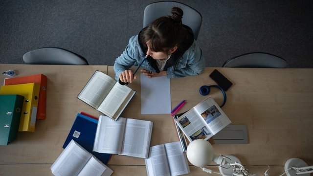 Estudiante de Biblioteca. Vista superior del espacio de trabajo con libros y notas
