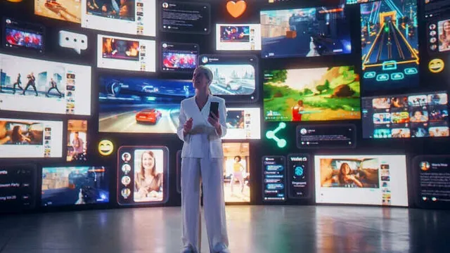 Mujer vestida de blanco en una sala llena de pantallas digitales que proyectan videojuegos
