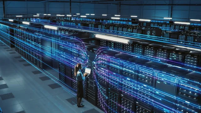 directora de tecnología trabajando con un ordenador portátil en un centro de big data