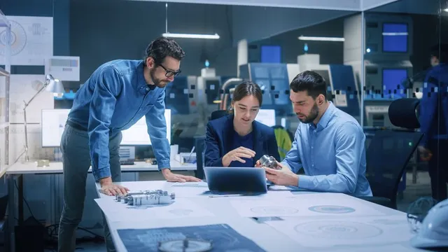 reunión de trabajo de ingenieros industriales en un laboratorio