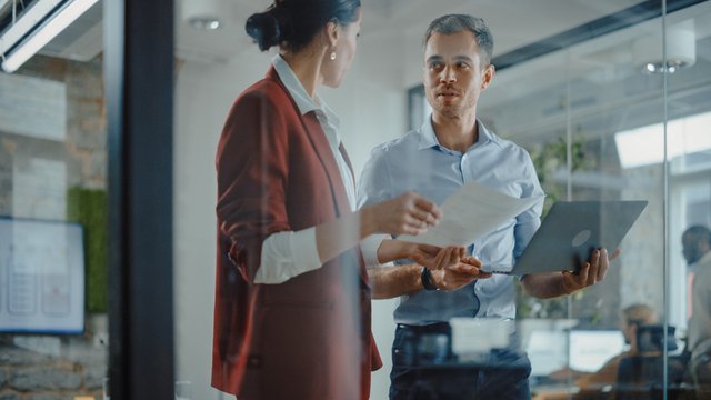 consultor de datos habla con una directiva sobre el crecimiento de la empresa