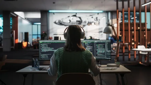 desarrolladora front-end sentada de espaldas, lleva unos auriculares puestos y está trabajando con un ordenador y varias pantallas