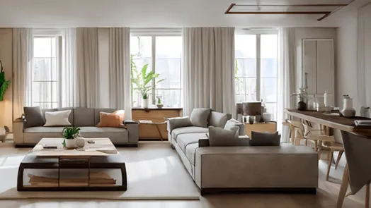 Salón de estilo escandinavo, con muebles modernos en tonos neutros e iluminación natural