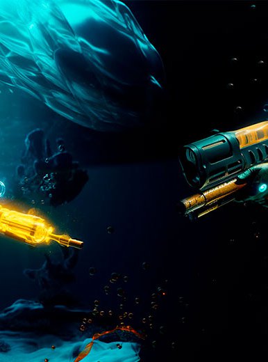 Diseño tridimensional de un buzo en el océano, utilizando tonos azul y naranja, en donde se combinan las técnicas en desarrollo de software y programación con el diseño y creación de videojuegos