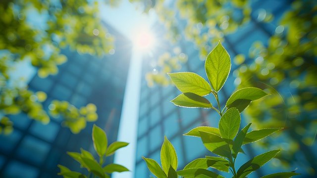 unas ramas de hojas verdes tapa dos edificios de oficinas