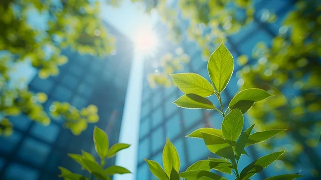 unas ramas de hojas verdes tapa dos edificios de oficinas