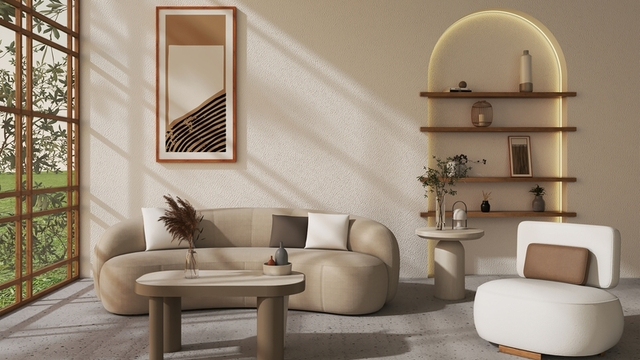 representaci&oacute;n 3D del estilo japandi en un sal&oacute;n