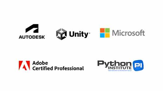 Logos de herramientas Adobe, Microsoft, Unity, Autodesk, o Python