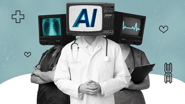 personal sanitario con cabeza de TV que representa la inteligencia artificial realizando diferentes tareas