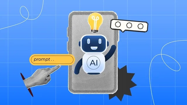 robots AI chat, idea de bombilla y píxel de chat de burbujas en el teléfono inteligente