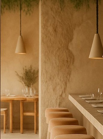 Espacio de un restaurant decorado con tonos cálidos